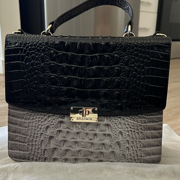 Brahmin Black and Gray Croc-Embossed Satchel - Picture 2 of 8